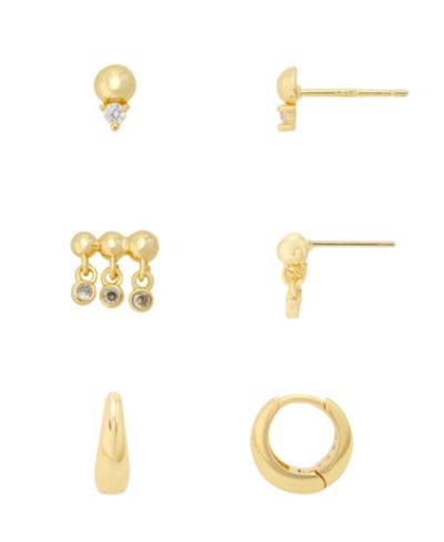 Unwritten Cubic Zirconia Gold-Tone Plated Stud and Hoop Earring Trio Set