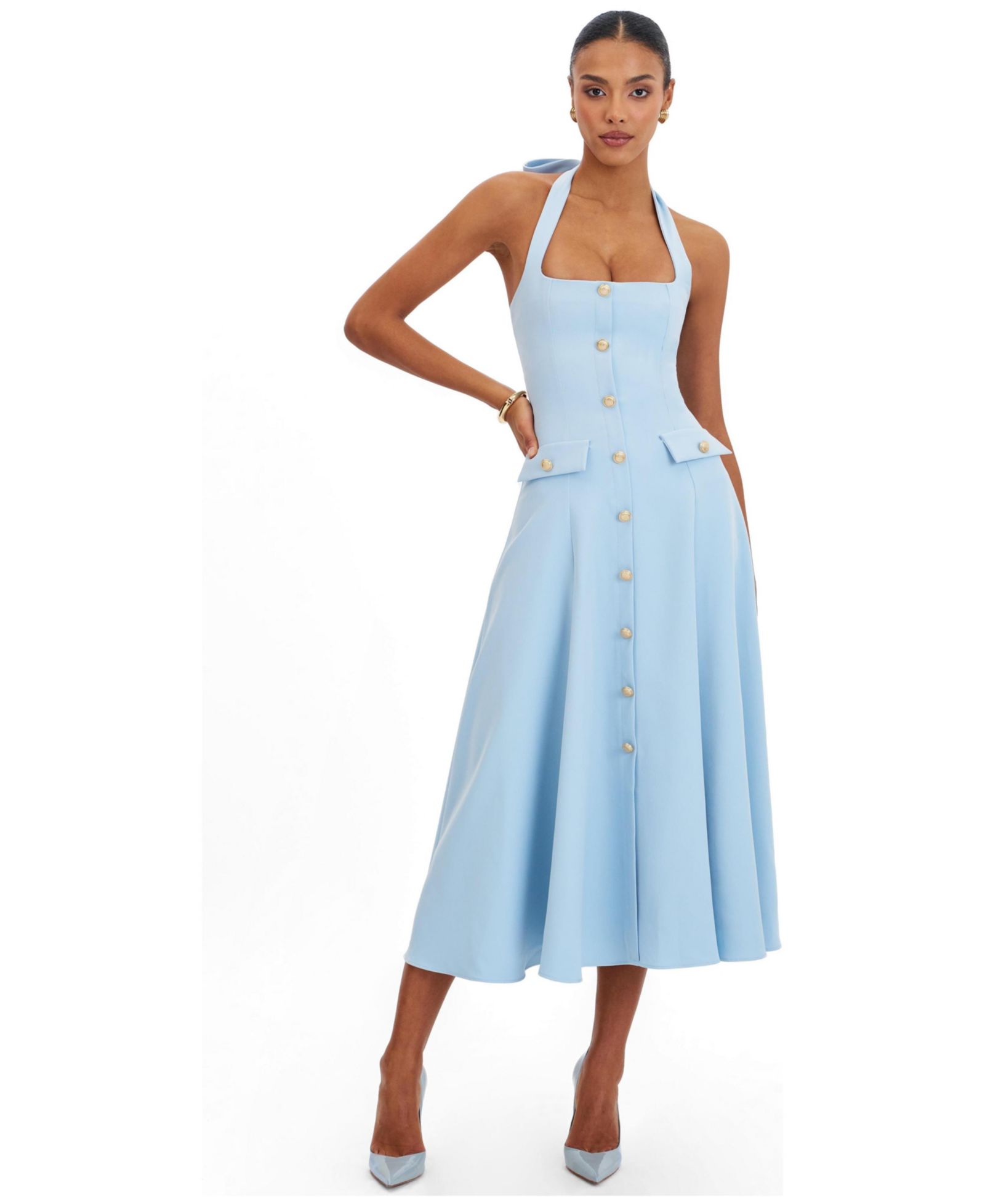 Miss Circle Women's Gillian Mist Blue Halter A-Line Midi Dress