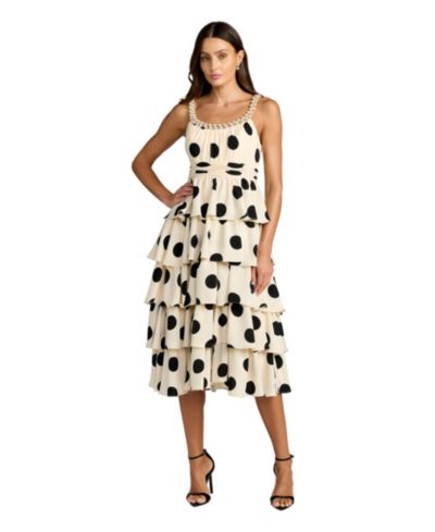 Mac Duggal Women's Polka Dot Charmeuse Scoop Neck Ruffle Midi Dress