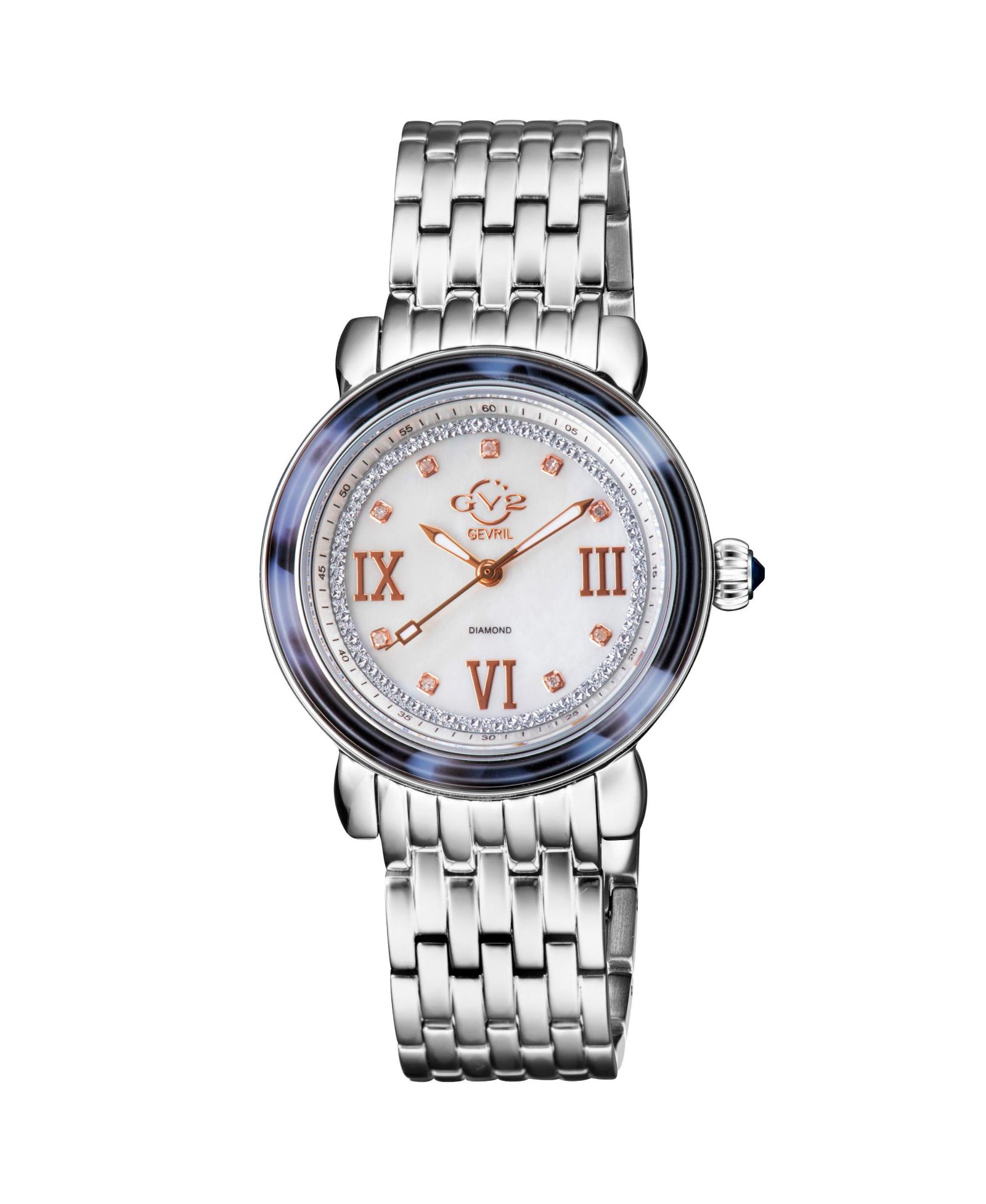 GV2 by Gevril Женские наручные часы Marsala Tortoise Swiss Quartz Diamond Silver Stainless Steel