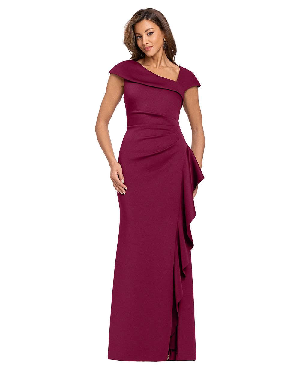 Xscape Petite Asymmetric Neck Side Ruffle Gown