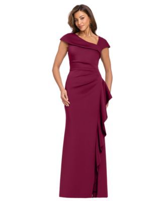 Xscape Petite Asymmetric Neck Side Ruffle Gown