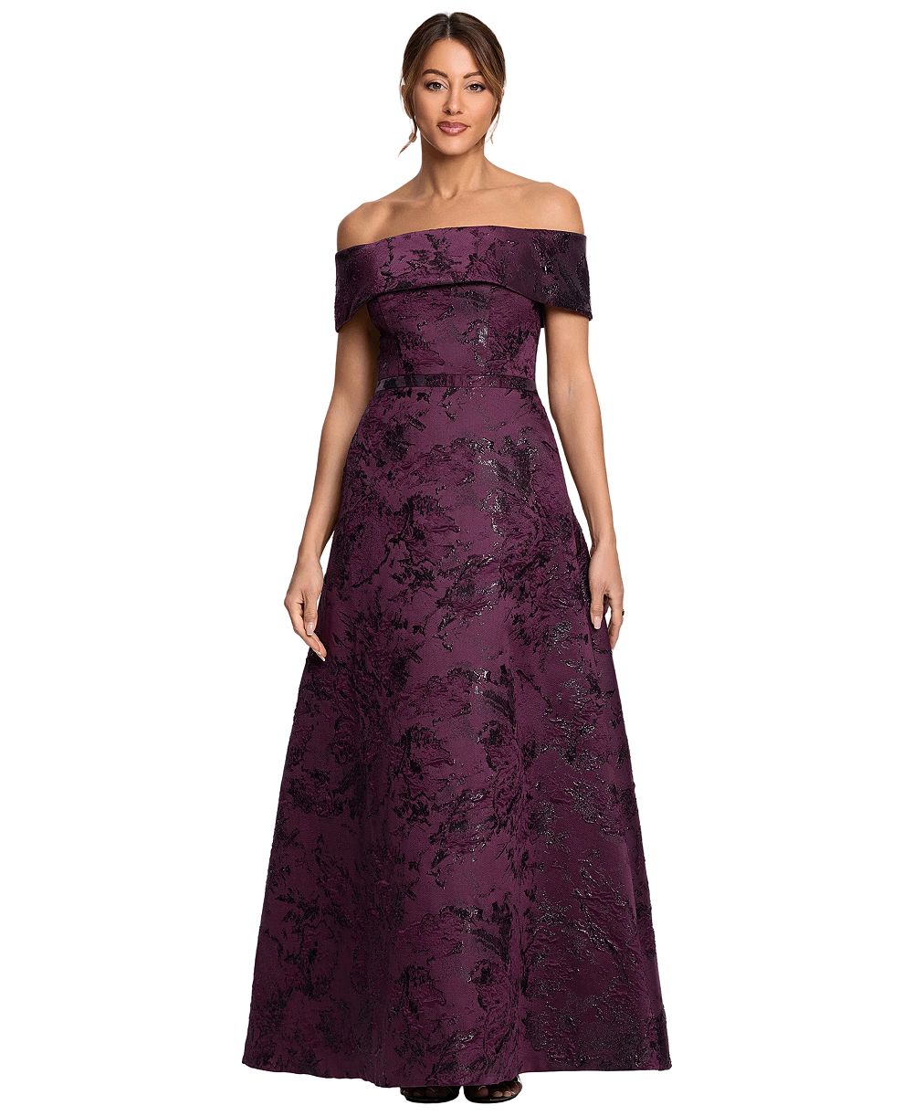 XSCAPE Petite Off-The-Shoulder Brocade Print Ball Gown