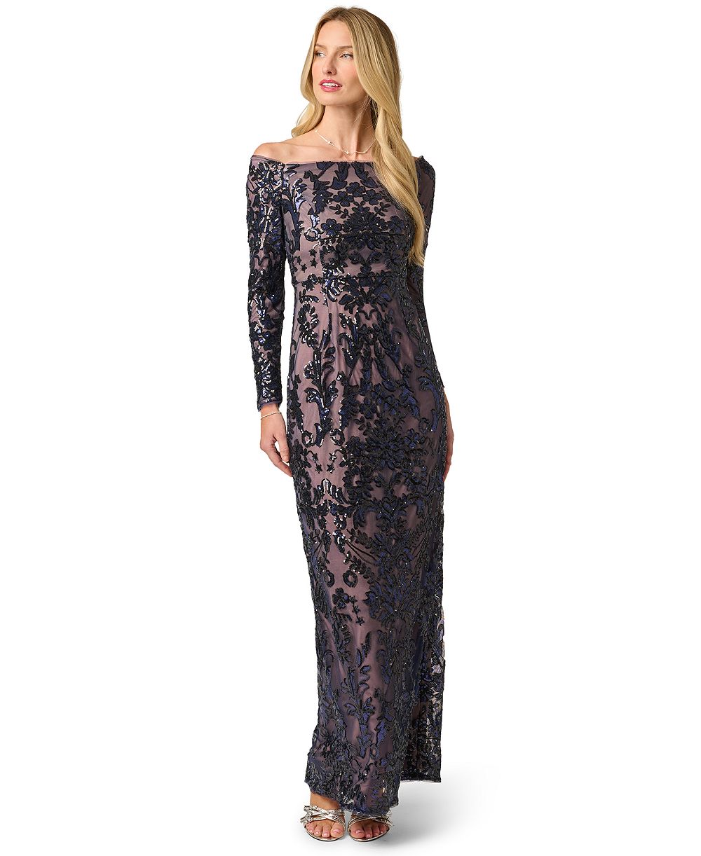 Adrianna Papell Petite Off-the-Shoulder Sequin Long-Sleeve Gown