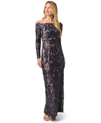 Adrianna Papell Petite Off-the-Shoulder Sequin Long-Sleeve Gown