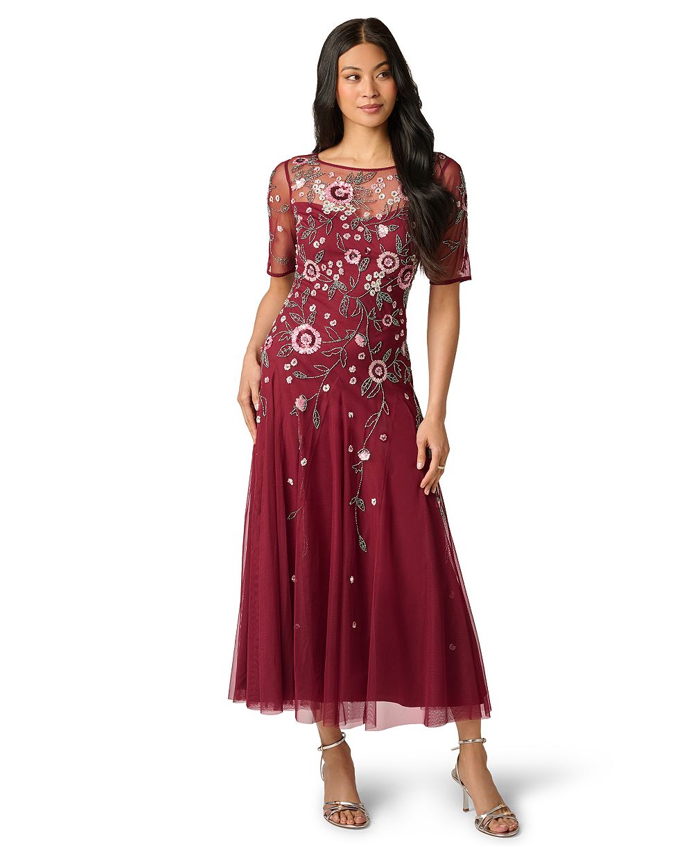 Adrianna Papell Petite Beaded Mesh Bateau Neck Ankle Dress