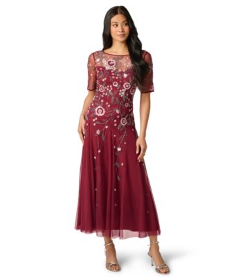 Женское кружевное платье Adrianna Papell Petite Beaded Mesh Bateau Neck Ankle