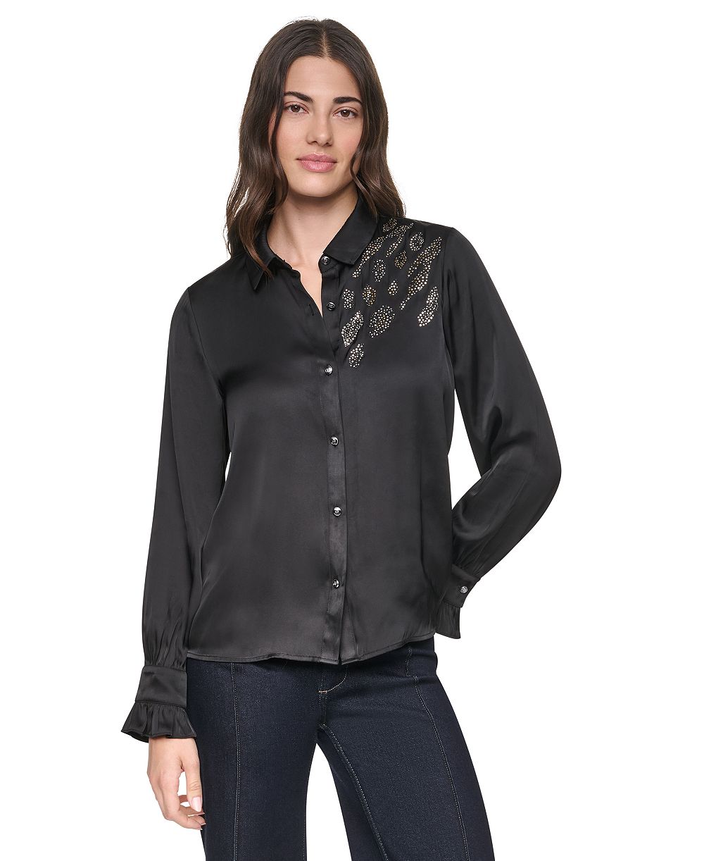 DKNY Женский Animal Print Heatset Ruffle-Cuff Collared Blouse