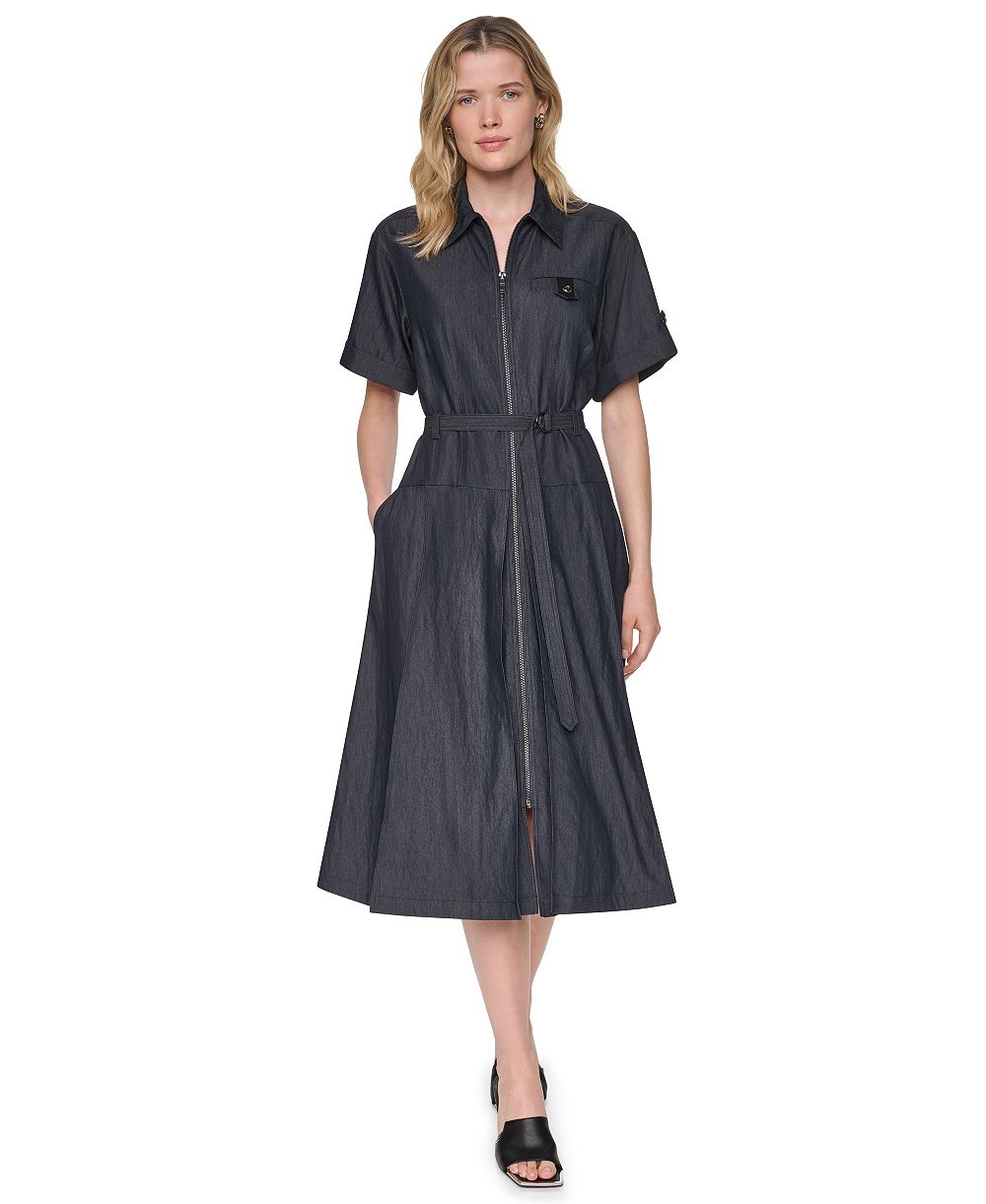 DKNY Women's Collared Short-Sleeve Removable Belt Midi Dress