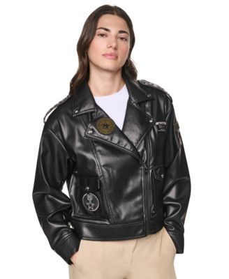 DKNY Women's Faux Leather Collared Zip-Front Jacket