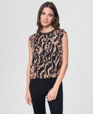 DKNY Women's Printed Crinkle Chiffon Sleeveless Top