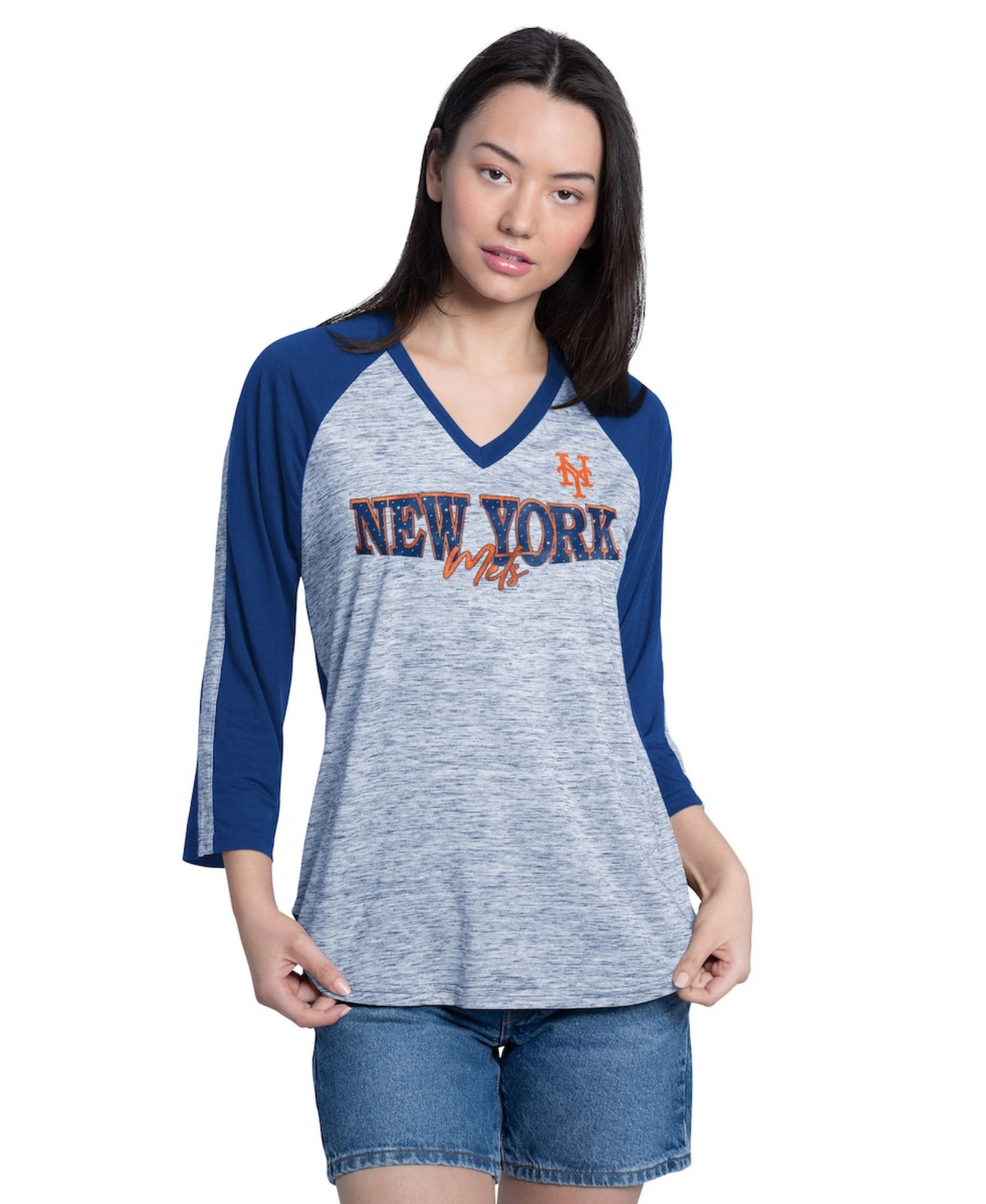 G-III 4Her by Carl Banks Женская футболка New York Mets Speed Training, с V-образным вырезом и стразами