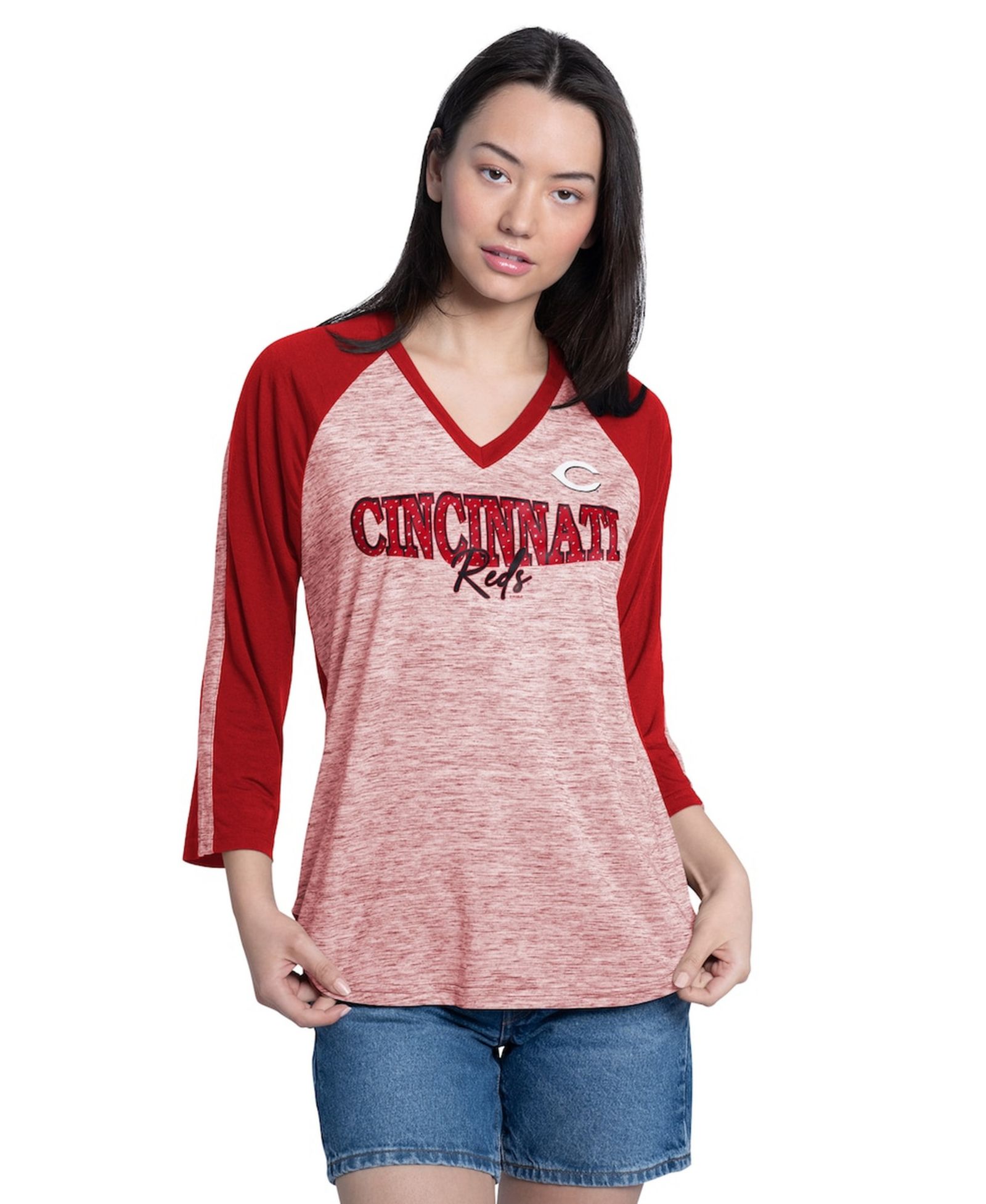 G-III 4Her by Carl Banks Женская футболка V-neck с пайетками, Cincinnati Reds