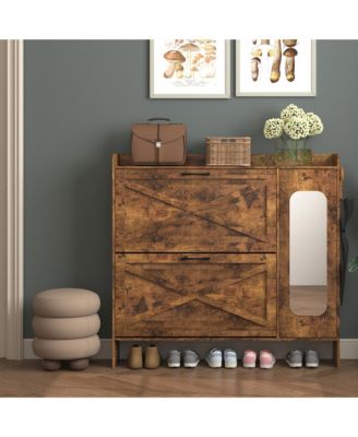 RAINSKEN Rustic Brown Shoe Storage Cabinet, Freestanding Shoe Rack, Narrow Shoe Organizer with 2 Flip Drawers and Mirror Door for Entryway, Hallway