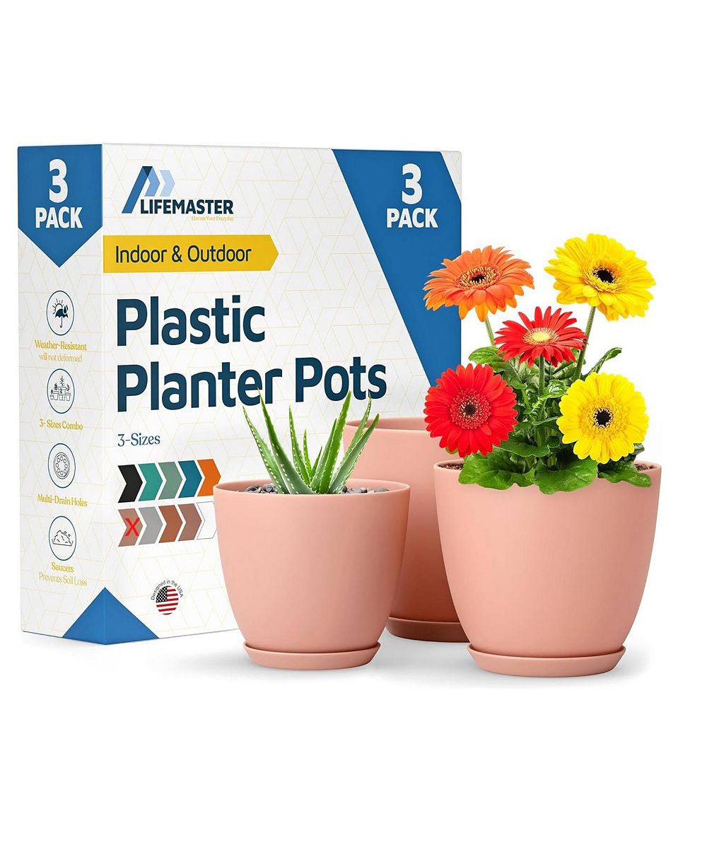 Lifemaster Set of 3 Stackable Plant Pots with Drainage Holes and Saucers, Durable Weatherproof Design for Indoor/Outdoor Use, Sizes 7", 6.7" and 6"