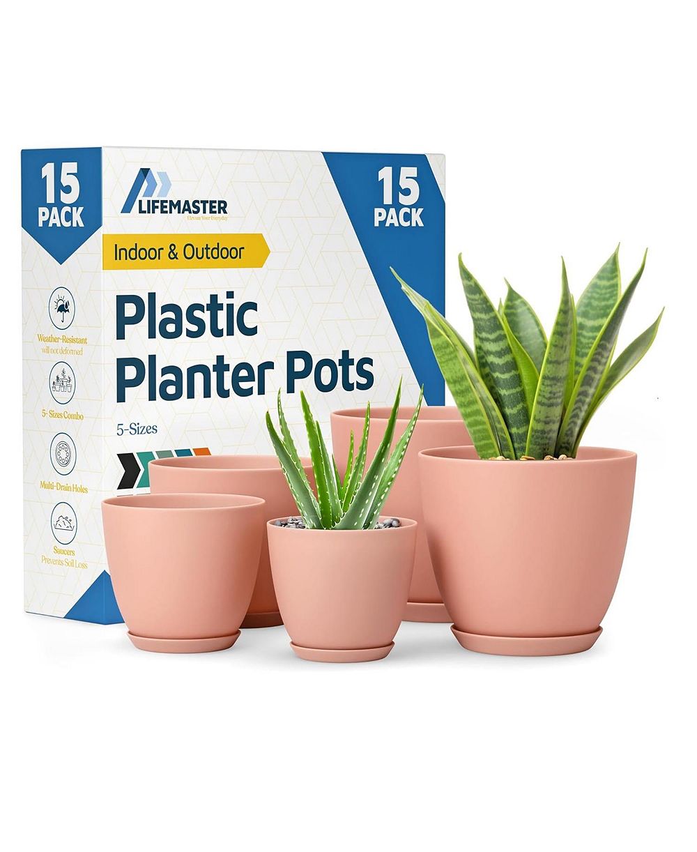 Набор кашпо Lifemaster stackable plant pots with drainage holes and saucers, 15-pack (7", 6.7", 6", 5.3", 4.8"). Durable, weatherproof