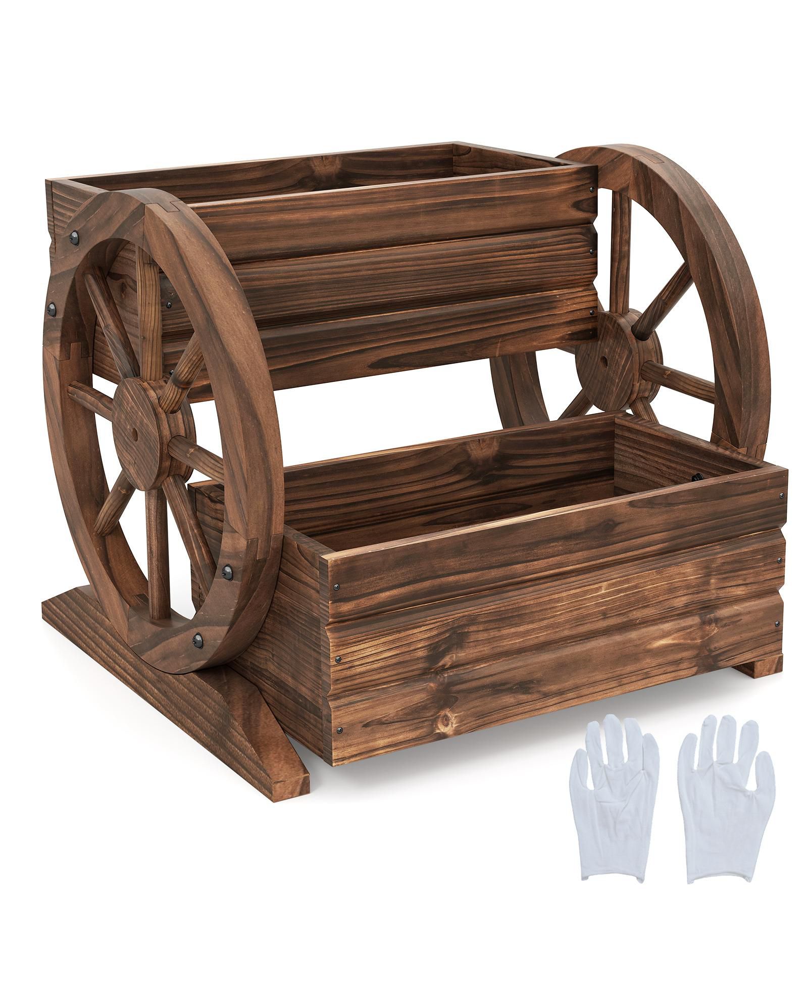 SUGIFT 2-Tier Raised Garden Bed Rustic Wood Wagon Shape with Drainage Holes and Wheels-Coffee