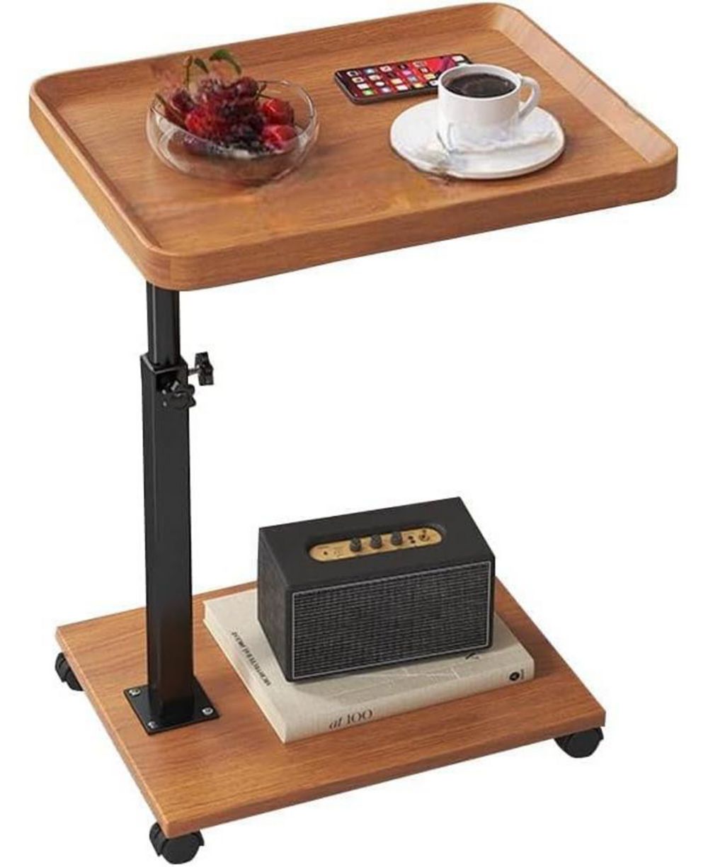 gaomon C-Shaped Adjustable Height End Table, 360degree(s) Swivel TV Tray with Wheels, Wood and Metal Sofa Table for Living Room