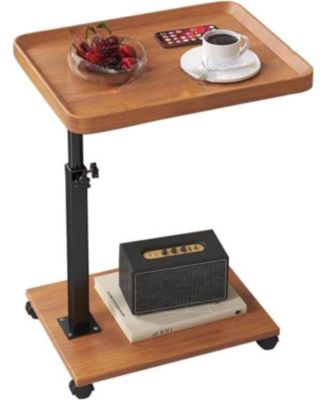 gaomon C-Shaped Adjustable Height End Table, 360degree(s) Swivel TV Tray with Wheels, Wood and Metal Sofa Table for Living Room