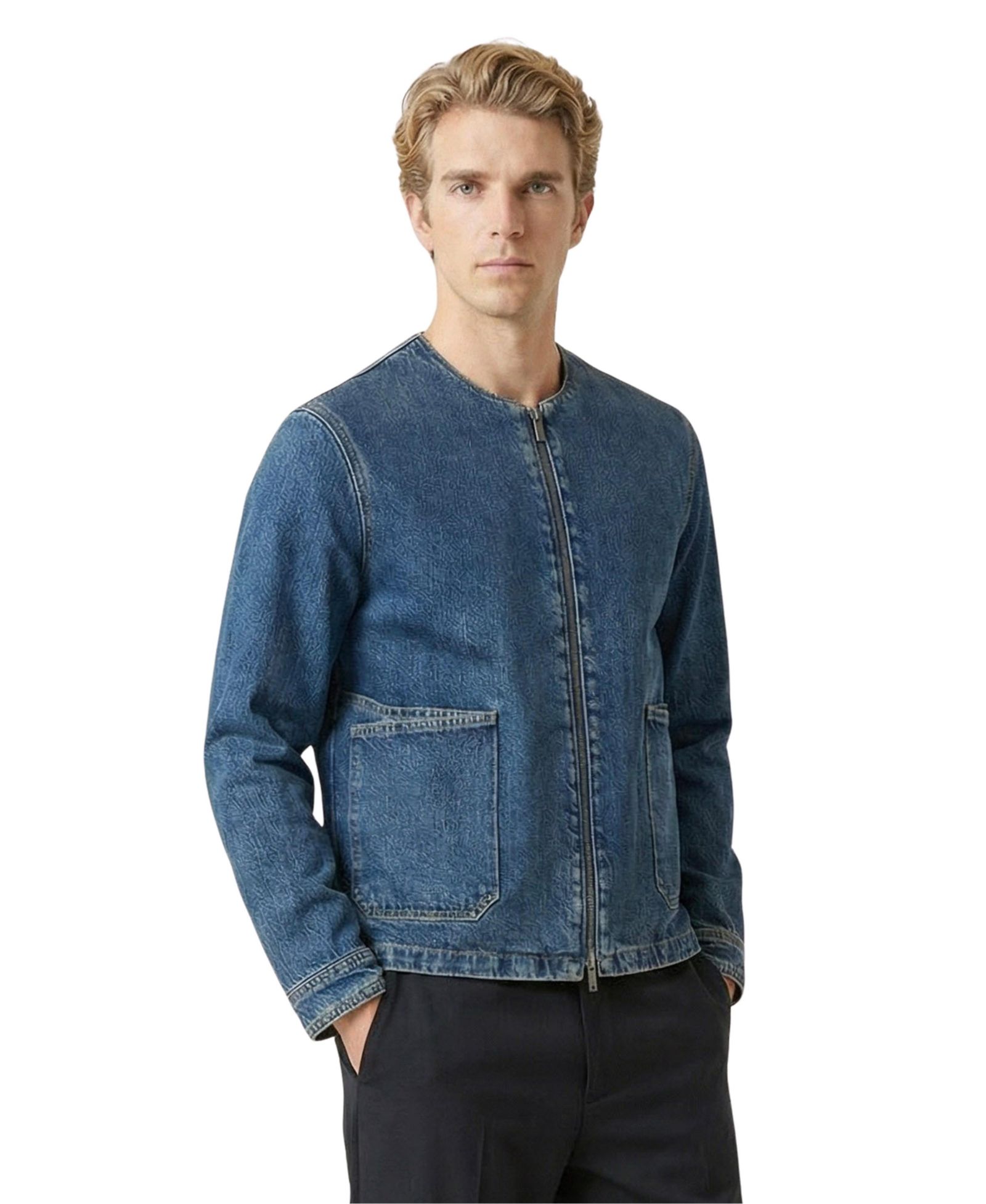 Modenaire Men's Denim Zip-Front Collarless Jacket