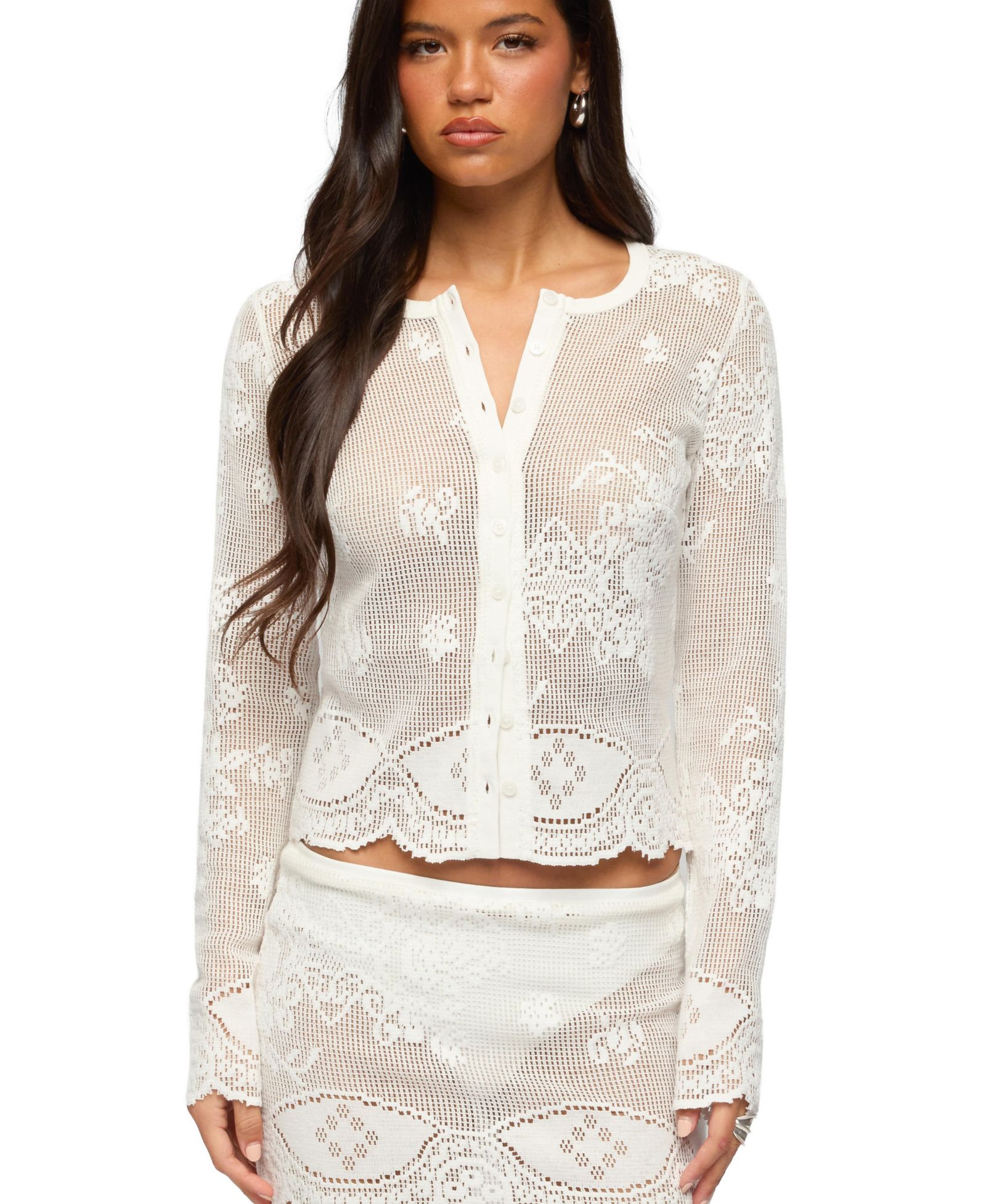 Edikted Women's Rusa Button Up Sheer Crochet Top