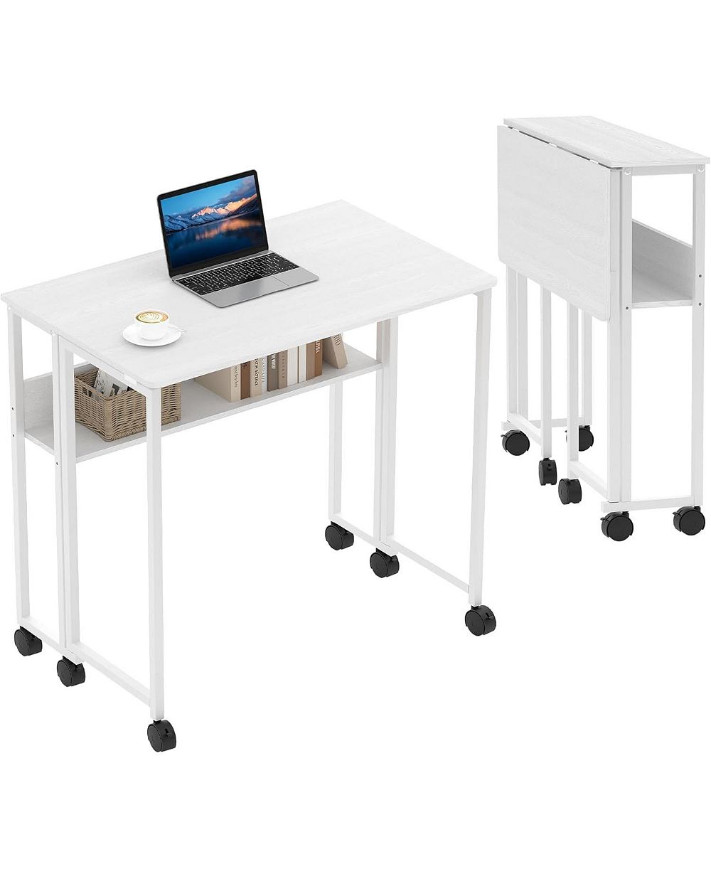 gaomon 24.8 Inch Folding Rolling Desk with Storage Shelf, Space-Saving Portable Computer Table for Small Spaces