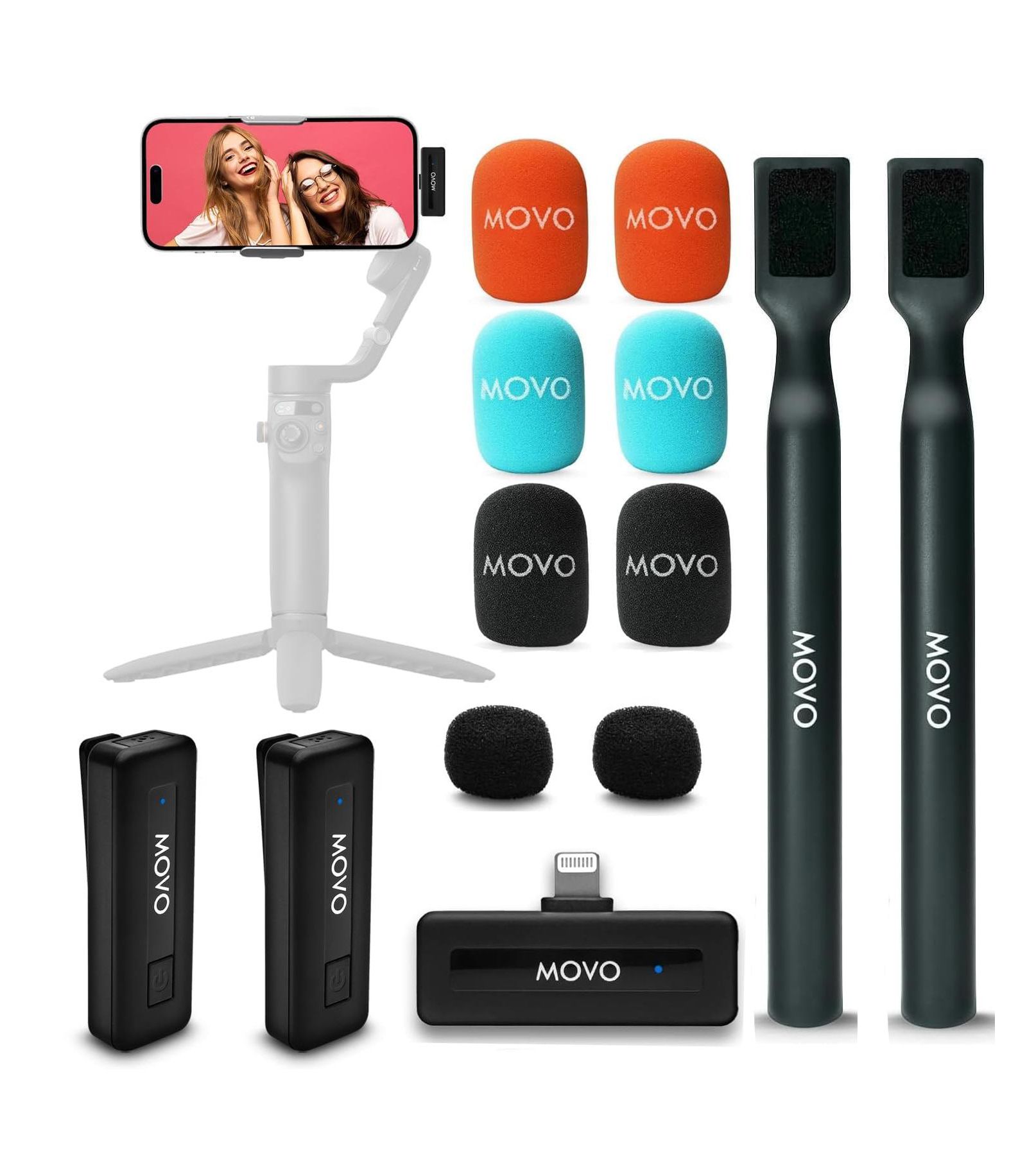 Movo Wireless Mini DI Duo Dual Ultra Compact Wireless Lavalier Microphones for iPhone with Handheld Adapter - Lapel Mic with Handle Mount for Content