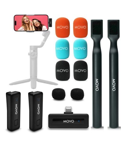 Movo Wireless Mini DI Duo Dual Ultra Compact Wireless Lavalier Microphones for iPhone with Handheld Adapter - Lapel Mic with Handle Mount for Content