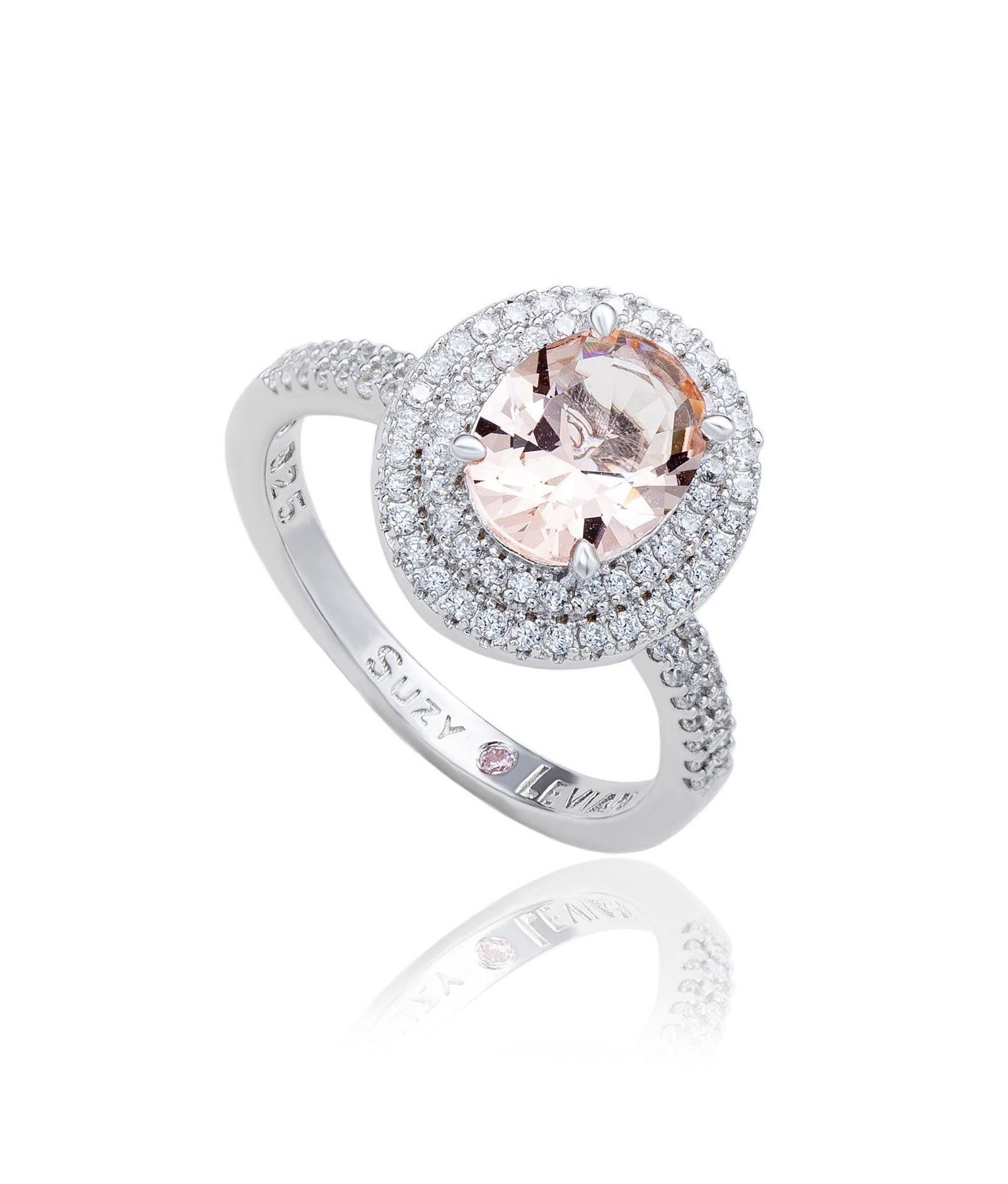 Suzy Levian Sterling Silver Oval Cubic Zirconia Pave Double Halo Ring