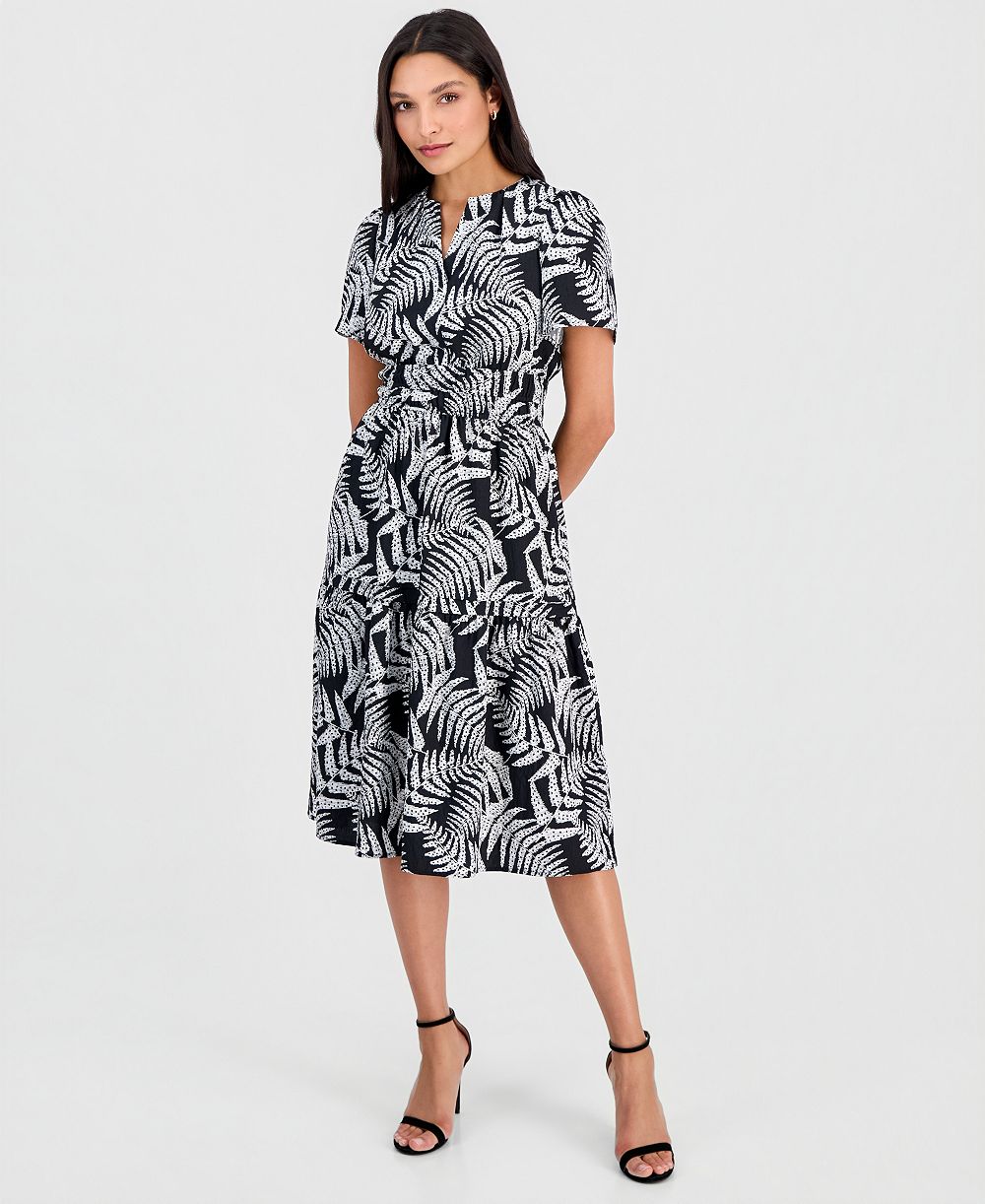 Robbie Bee Women's Printed Smocked-Waist Short-Sleeve Midi Dress
