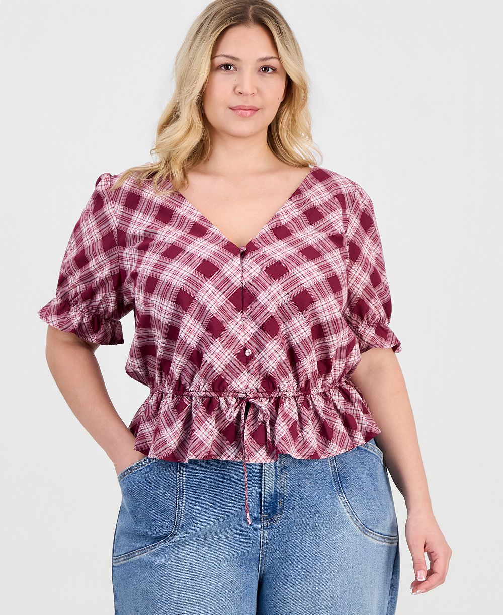 Женский хлопковый топ And Now This Trendy Plus Size V-Neck Button-Front Peplum