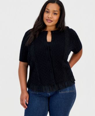 And Now This Plus Size Pointelle Lace-Hem Short-Sleeve Cardigan, Macy's Exclusive
