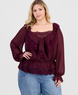 And Now This Plus Size Ruffle Long-Sleeve Lace-Trim Top, Macy's Exclusive