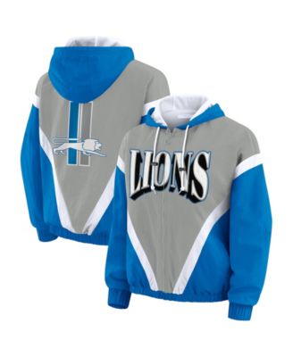 WEAR by Erin Andrews Women's Blue/Gray Detroit Lions Plus Size Retro Crinkle Full-Zip Hoodie Windbreaker Jacket