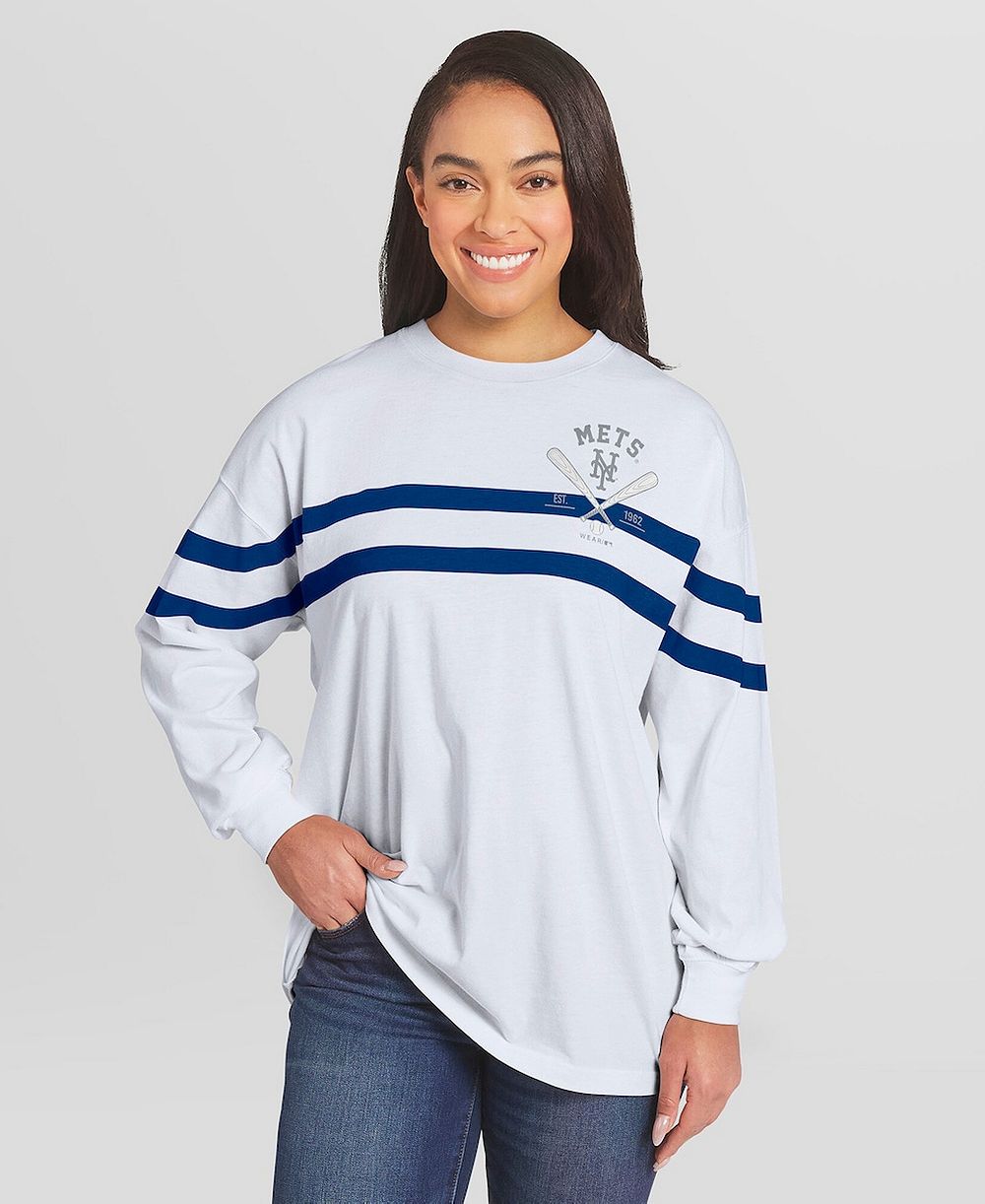 WEAR by Erin Andrews Женская белая футболка в полоску оверсайз с длинным рукавом, New York Mets