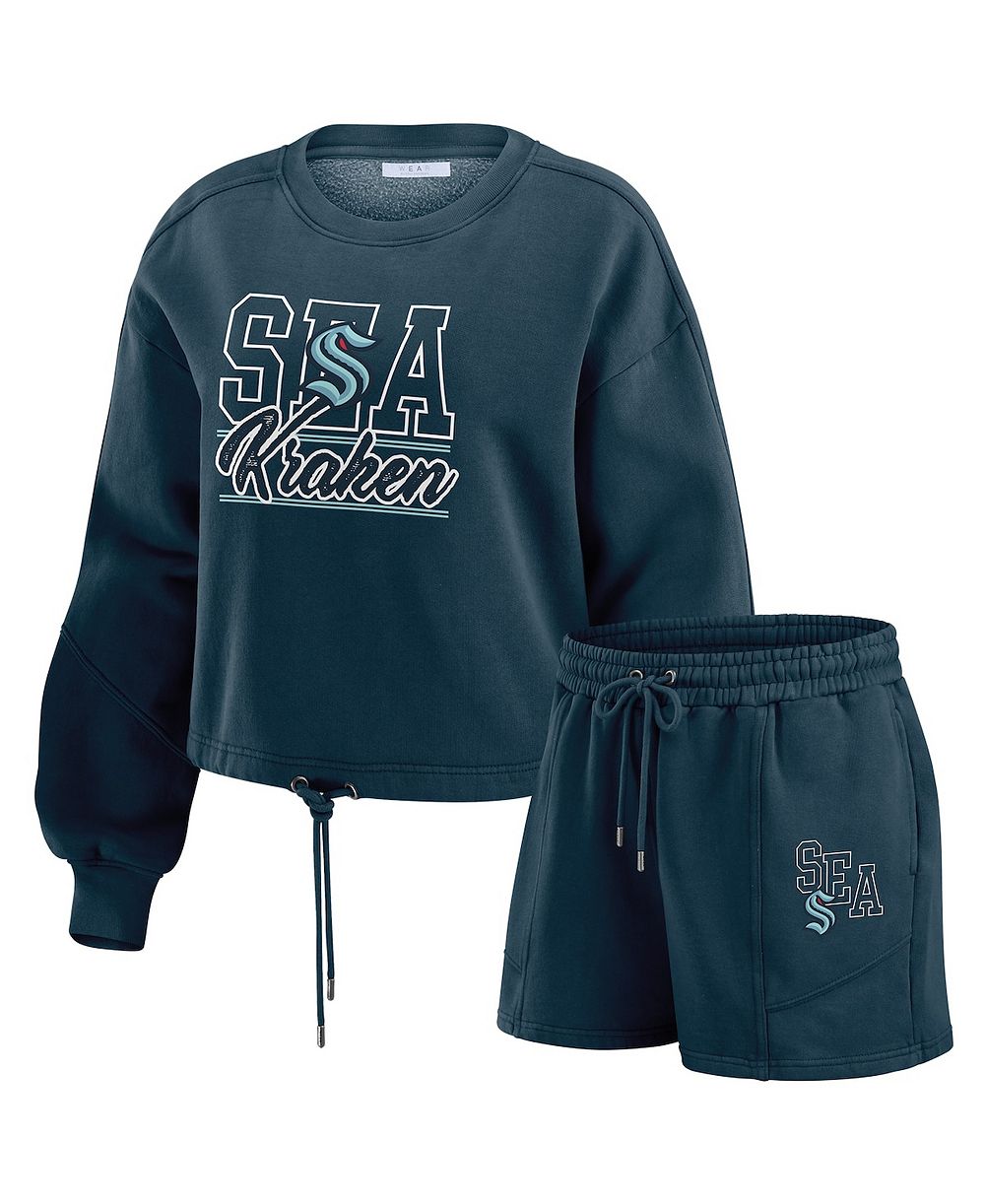WEAR by Erin Andrews Women's 2-Piece Deep Sea Blue Seattle Kraken Washed Fleece Sweatshirt & Shorts Lounge Set