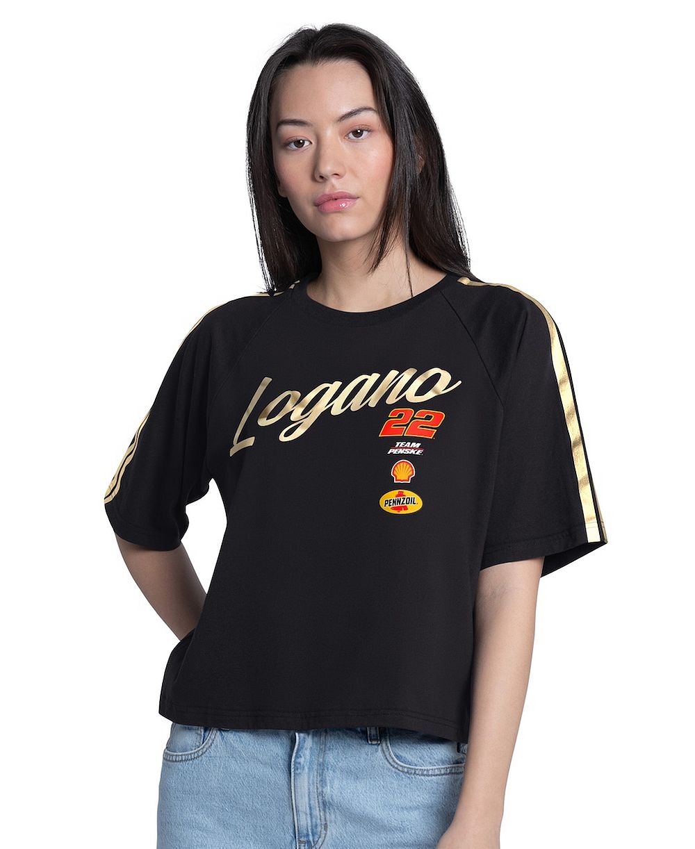 Женская футболка G-III 4Her by Carl Banks Black Joey Logano Cropped Classic Play Gold Trim Raglan