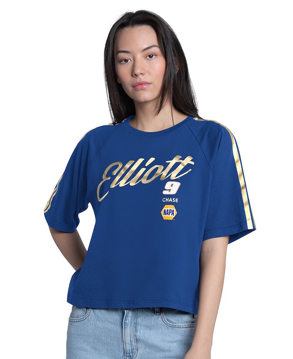 G-III 4Her by Carl Banks Укороченная футболка Raglan Chase Elliott для женщин, золотая отделка