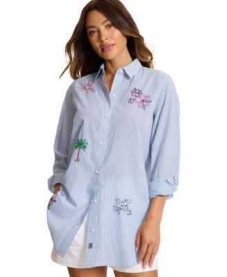 Tommy Bahama Women's Striped Embroidered Long-Sleeve Boyfriend Shirt