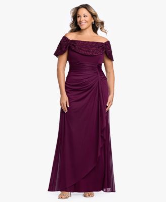 B&A By Betsy and Adam Plus Long Off-the-Shoulder Gown
