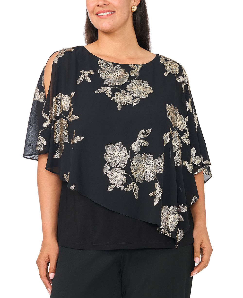 MSK Plus Size Floral-Print Cold-Shoulder Overlay Top
