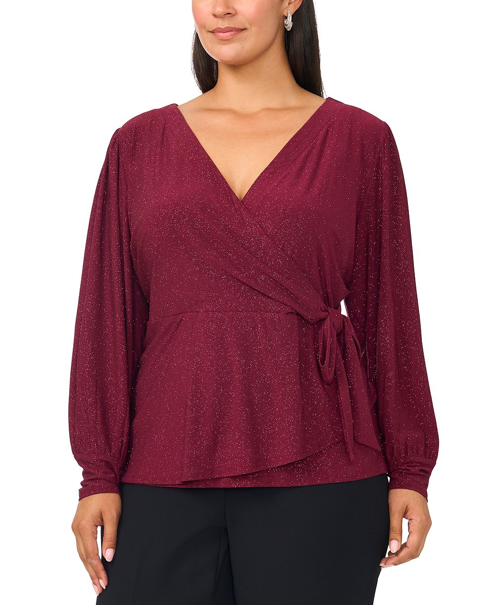 Женский металлизированный топ MSK Plus Size Faraj с длинным рукавом и имитацией запаха