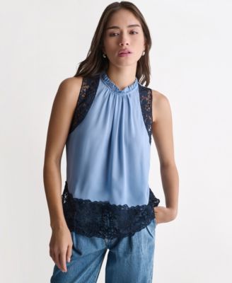 BCBG Women's High-Neck Sleeveless Lace Combo Woven Top