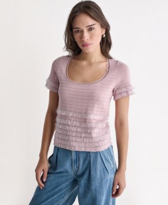 BCBG Women's Pointelle Ruffle Short-Sleeve Sweater