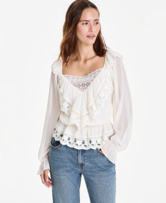 Женская кружевная блузка And Now This Petite Lace Long-Sleeve Ruffle