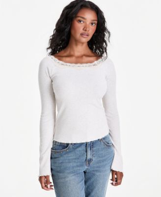 And Now This Petite Lace-Trim Scoop-Neck Long-Sleeve Top, Macy's Exclusive