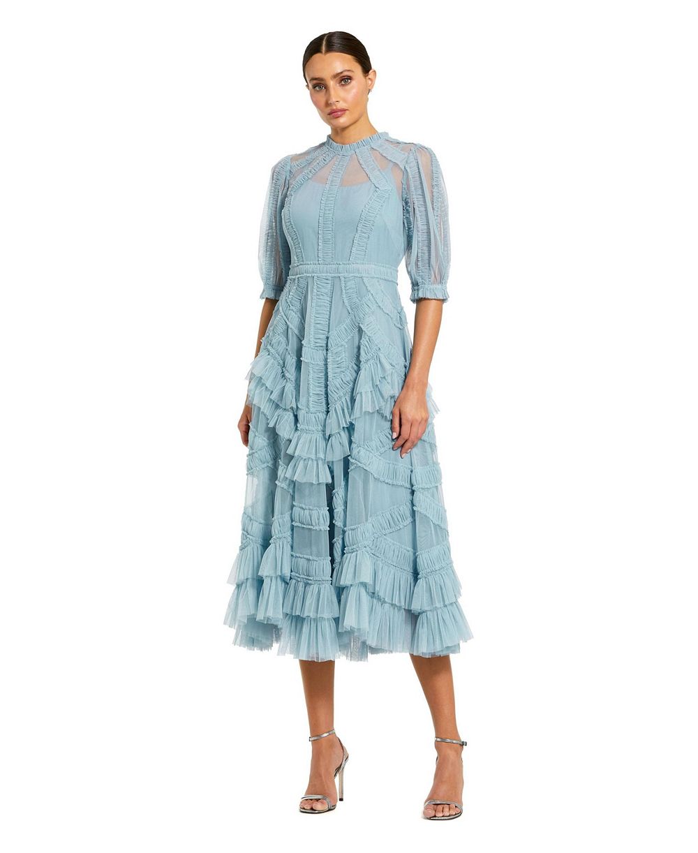 Миди-платье Mac Duggal Petite Illusion High Neck Tiered Ruffle A-Line