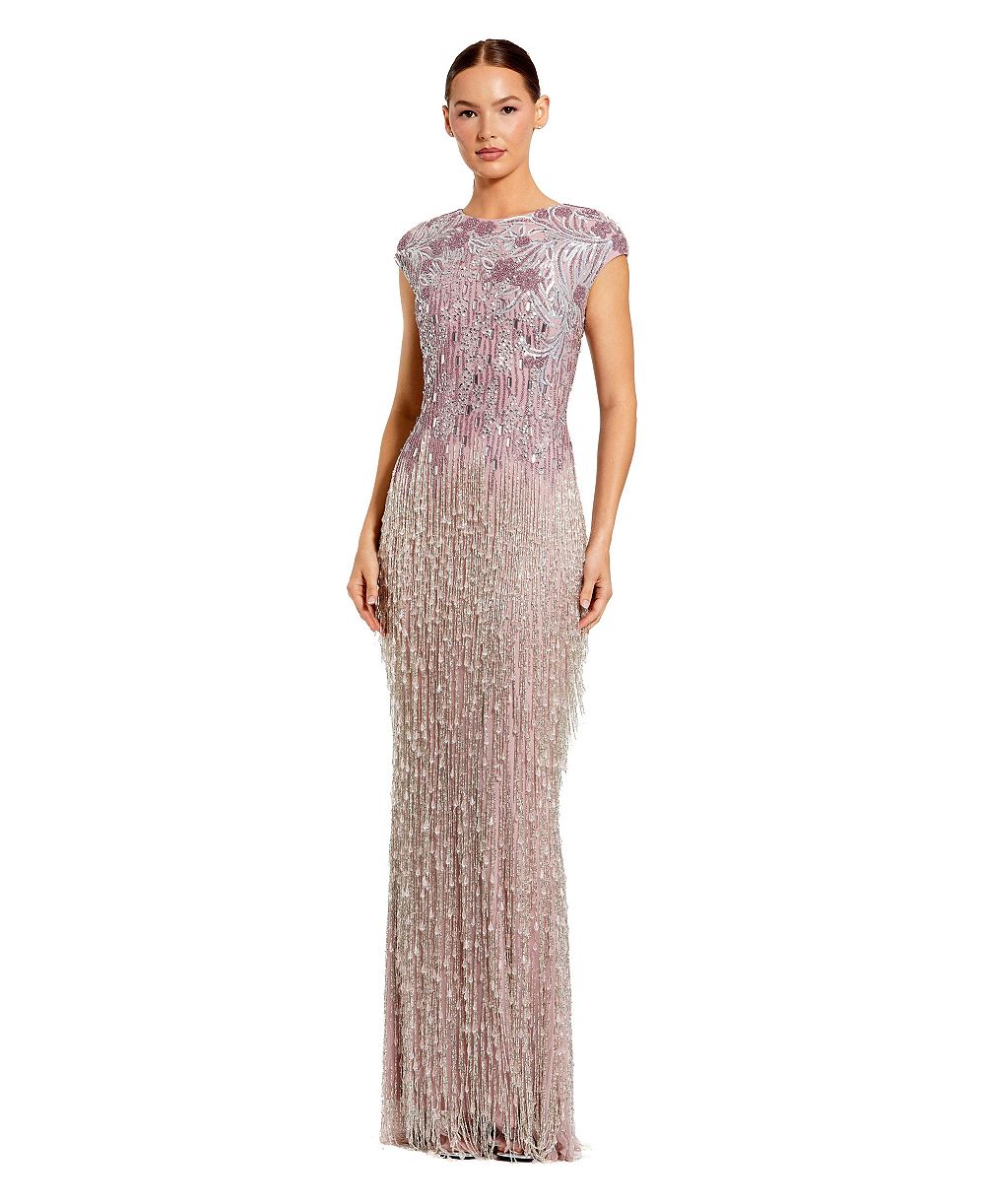 Mac Duggal Женское вечернее платье с бахромой и бисером и коротким рукавом