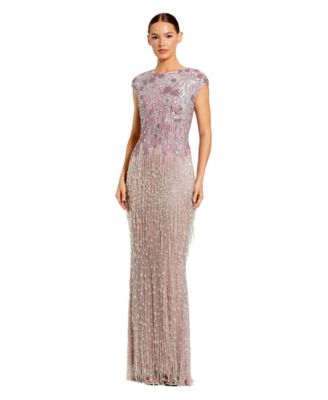 Mac Duggal Women's Fringe Beaded Mesh Short Sleeve Evening Gown