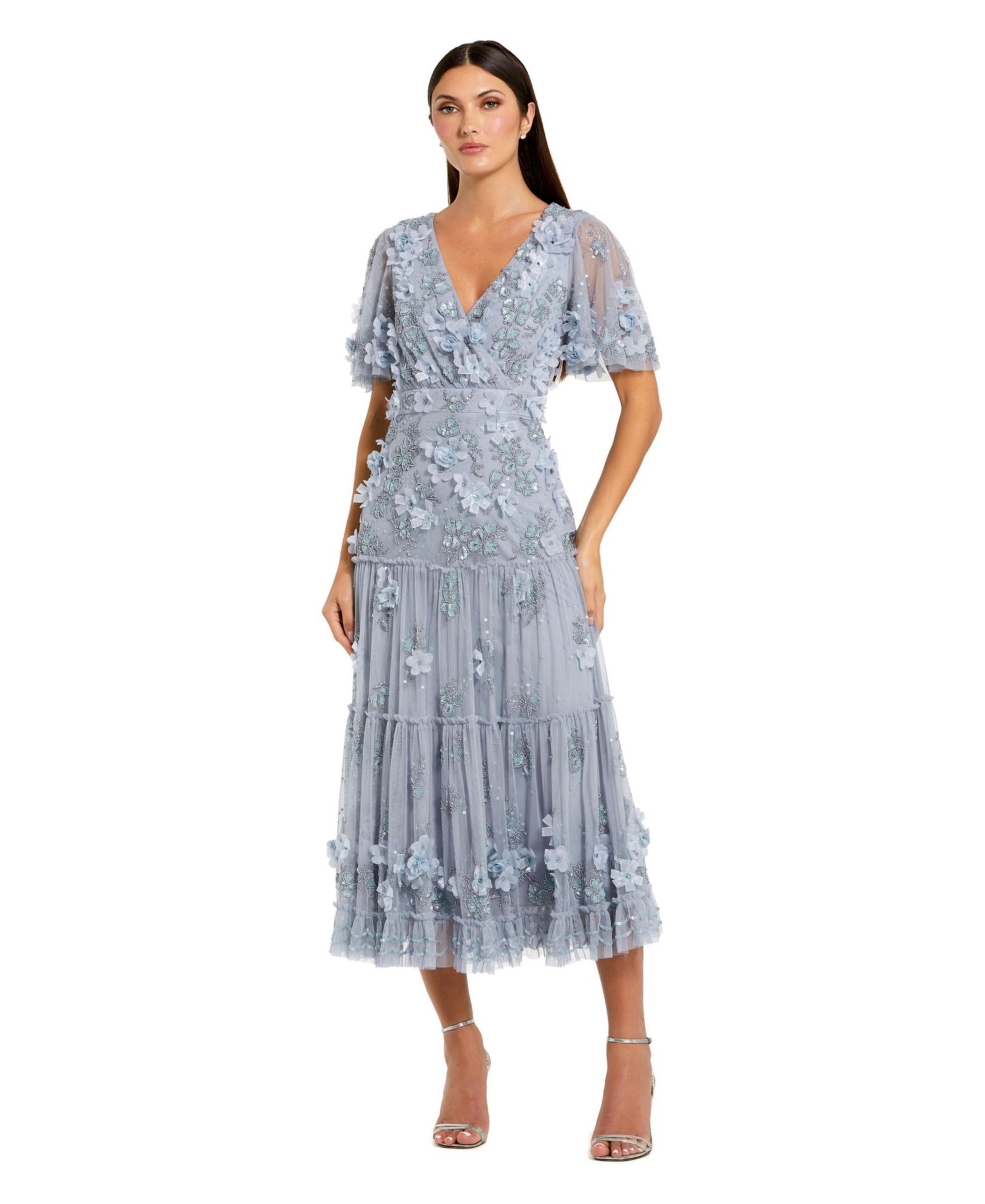Mac Duggal Women's Floral Applique Embellished Flutter Sleeve Midi Dress